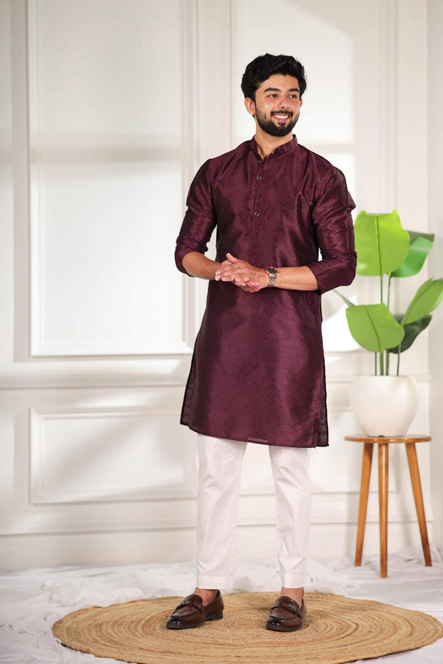 Mens Wine Woven Art Silk Kurta Set (ACA7378)
