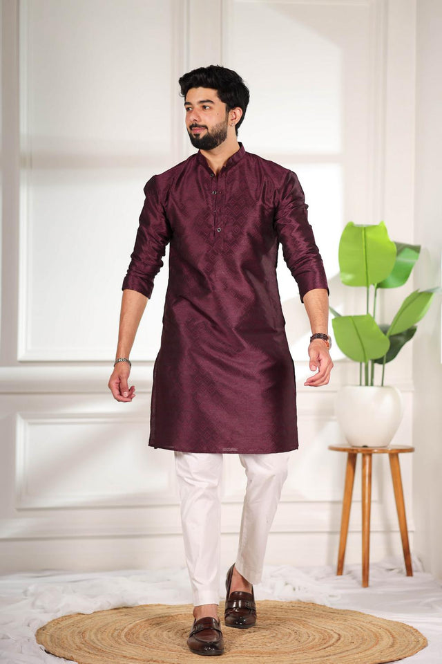 Mens Wine Woven Art Silk Kurta Set (ACA7378)