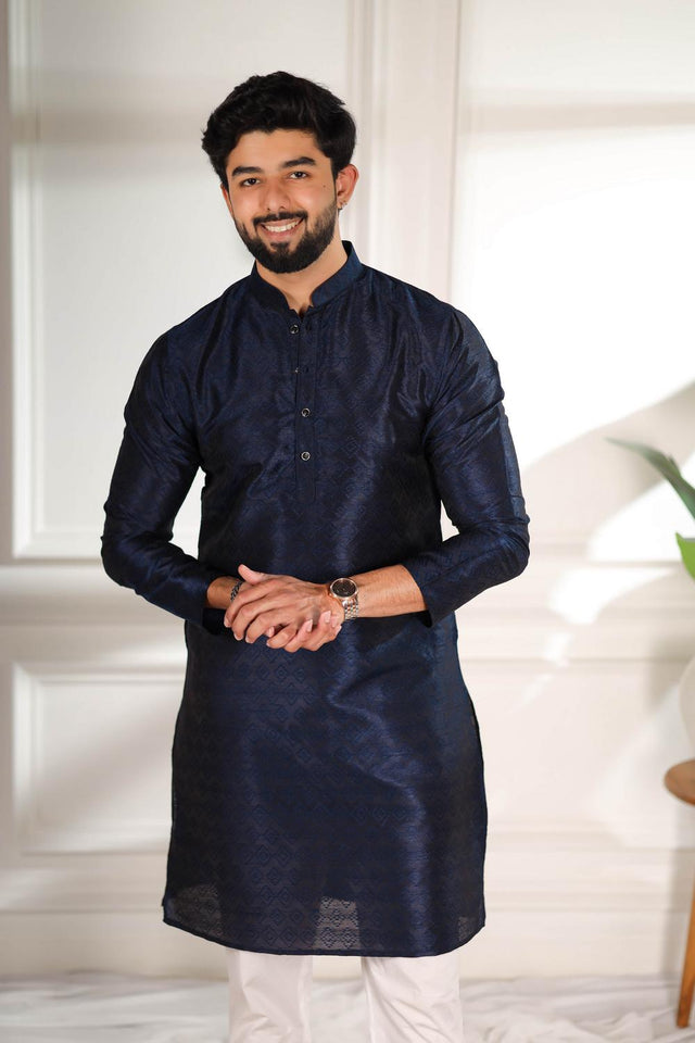 Mens Blue Woven Art Silk Kurta Set (ACA7379)