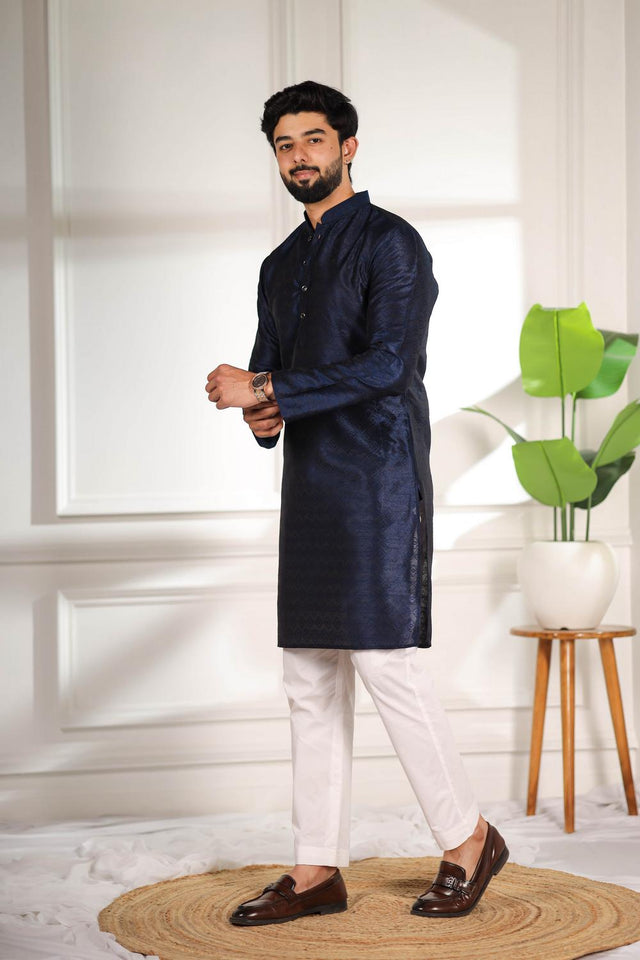 Mens Blue Woven Art Silk Kurta Set (ACA7379)