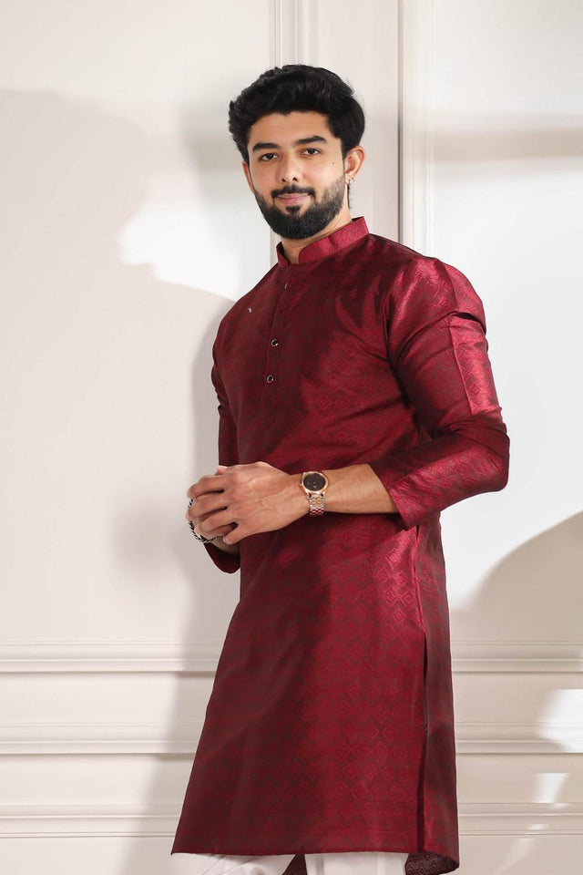 Mens Maroon Woven Art Silk Kurta Set (ACA7380)