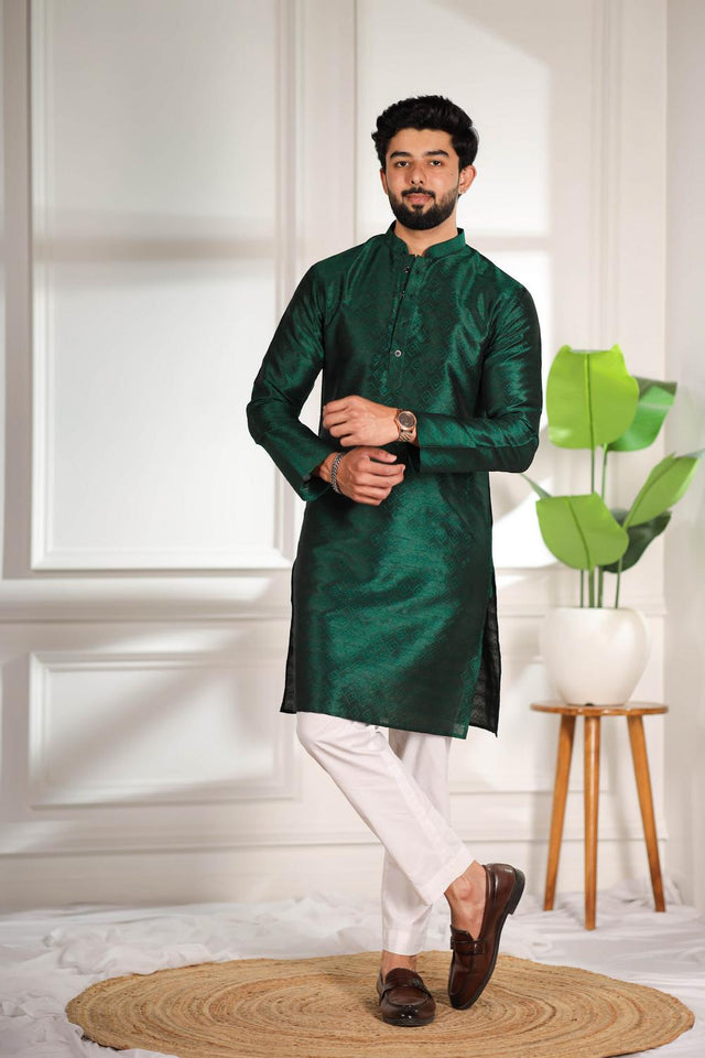 Mens Green Woven Art Silk Kurta Set (ACA7381)