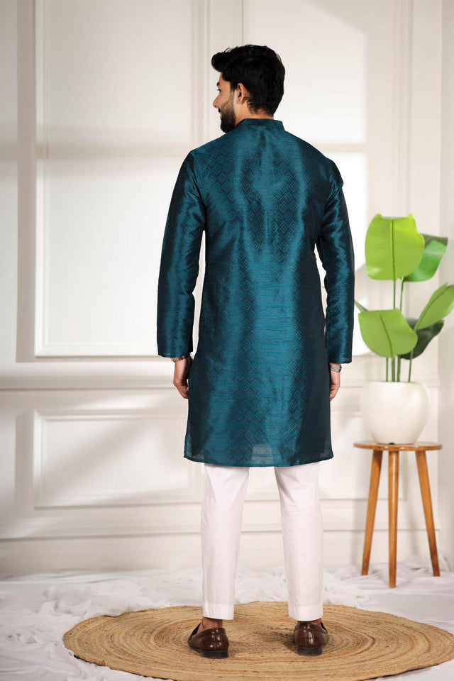 Mens Turquoise Woven Art Silk Kurta Set (ACA7382)