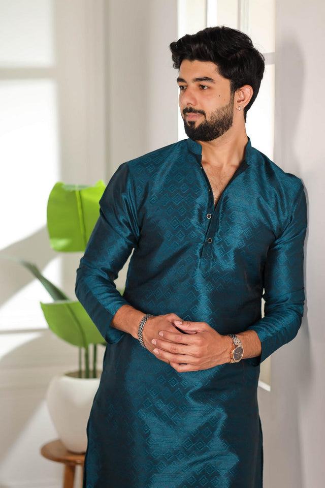 Mens Turquoise Woven Art Silk Kurta Set (ACA7382)