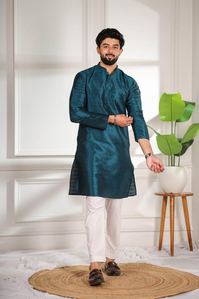 Mens Turquoise Woven Art Silk Kurta Set (ACA7382)