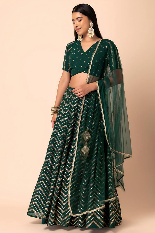 Green Sequin Georgette Lehenga (ACA7386)