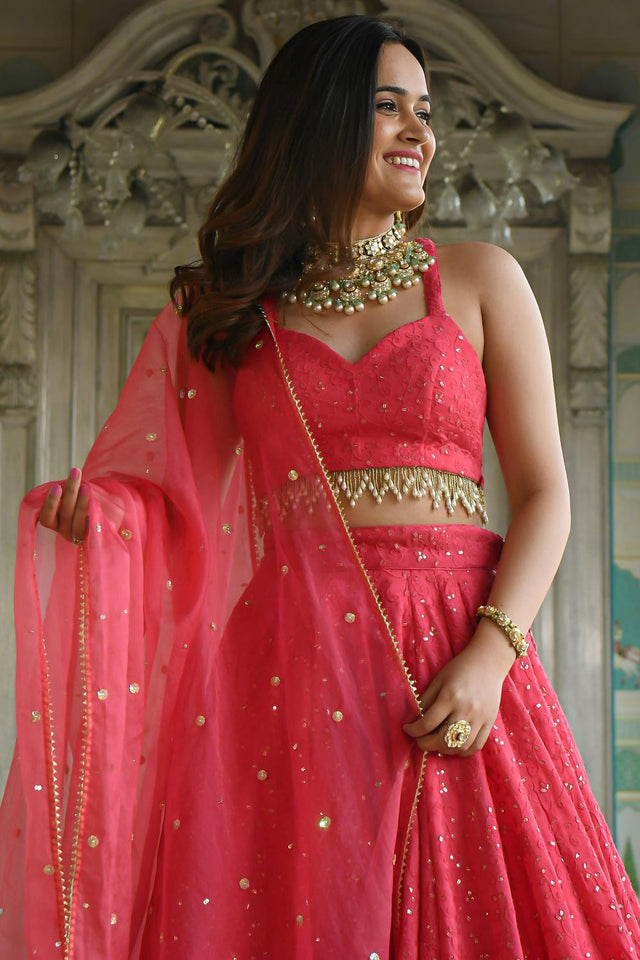 Pink Sequin with Embroidered Georgette Lehenga (ACA7391)