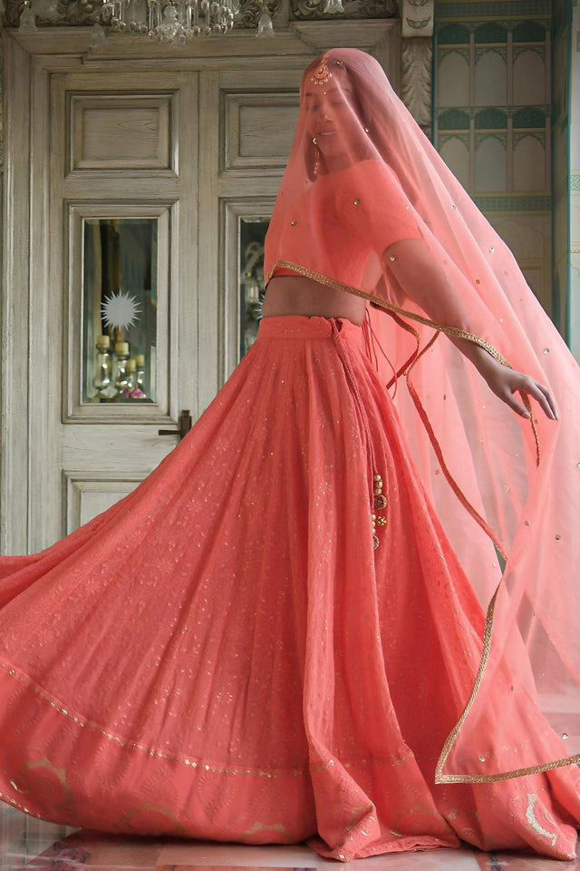 Peach Sequin with Embroidered Georgette Lehenga (ACA7392)