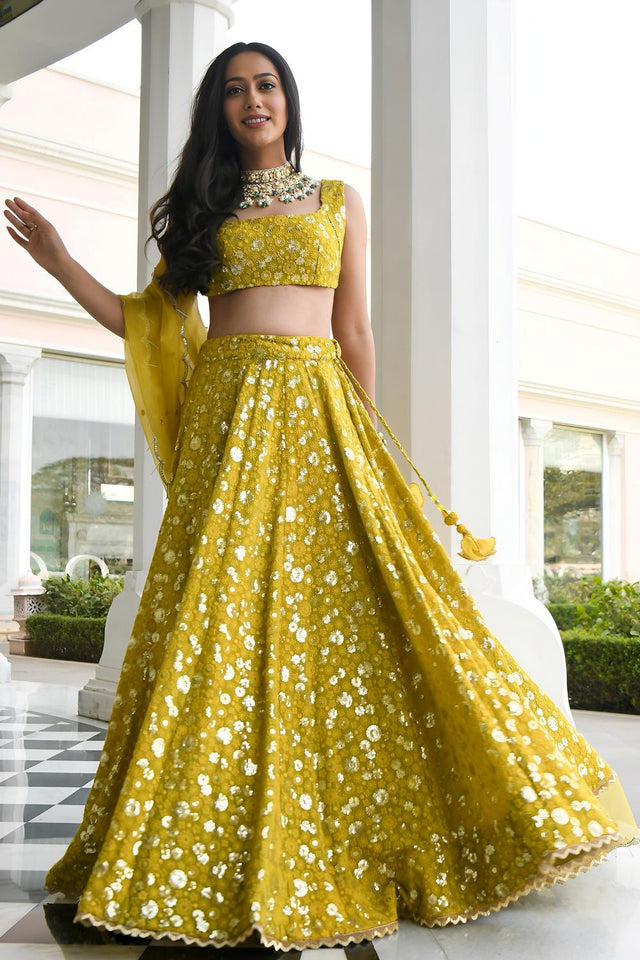 Olive Green Floral Embroidered Georgette Lehenga (ACA7393)