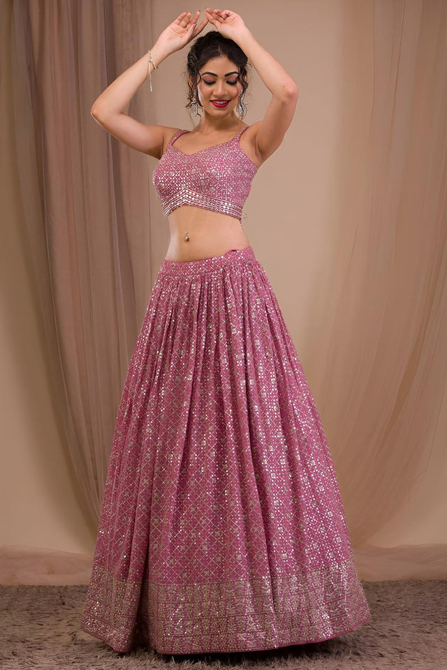 Pink Sequin with Embroidered Georgette Lehenga (ACA7394)