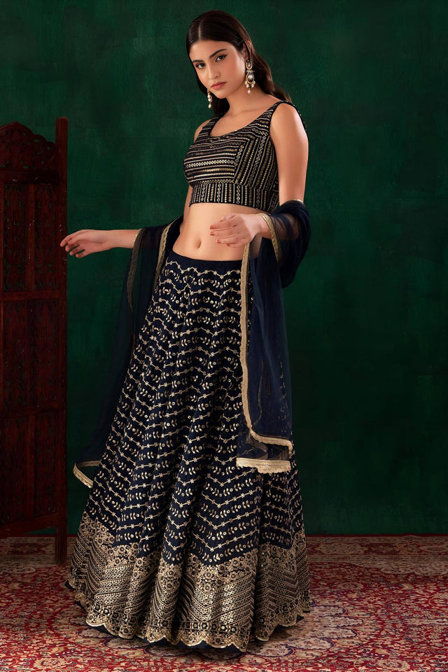 Blue Floral Embroidered Georgette Lehenga (ACA7397)