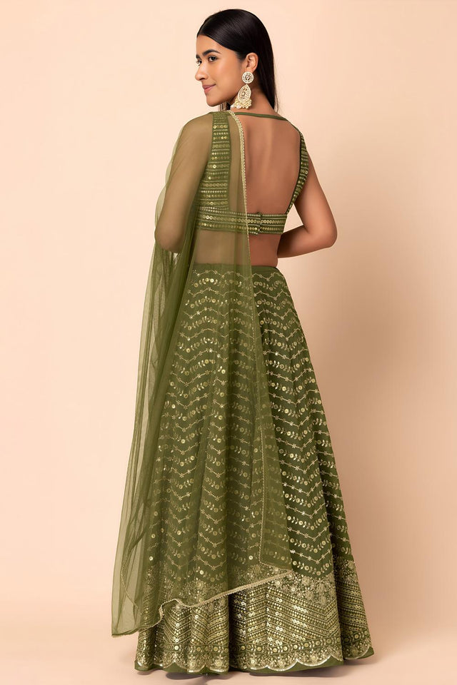 Green Floral Embroidered Georgette Lehenga (ACA7398)