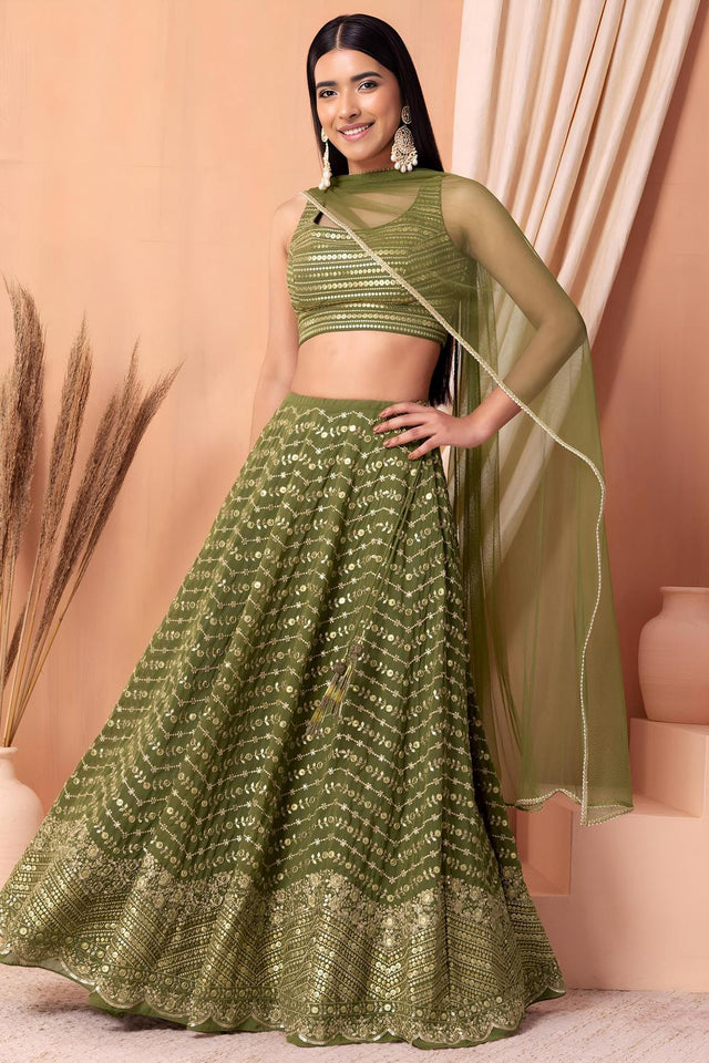 Green Floral Embroidered Georgette Lehenga (ACA7398)
