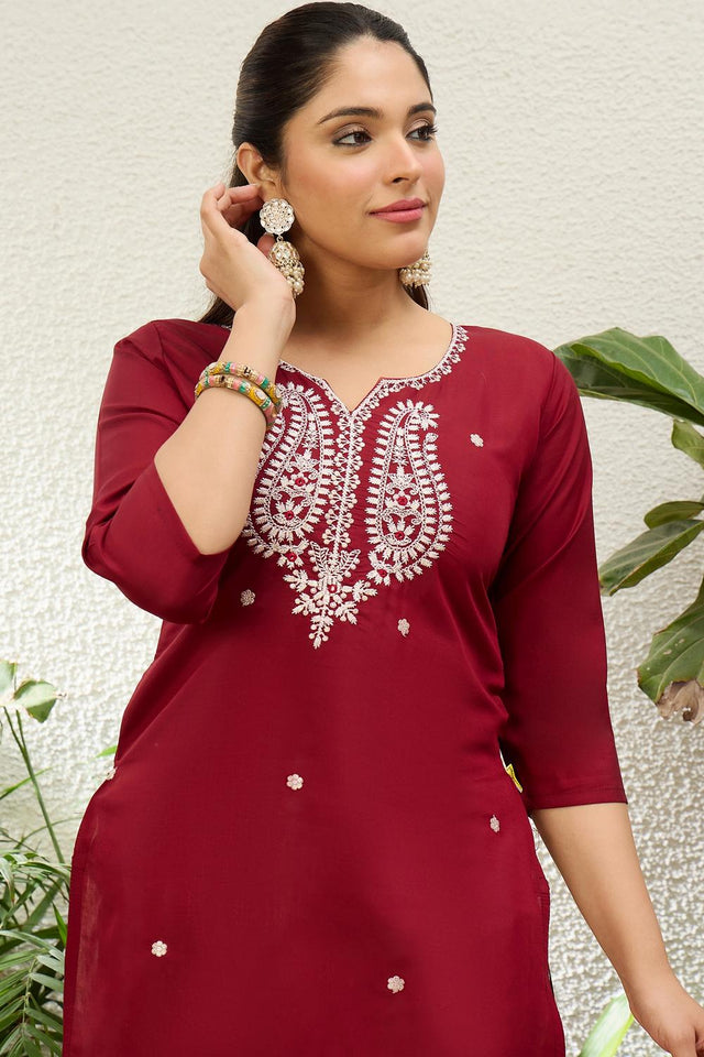 Red Floral Embroidered Silk Blend Long Kurti (ACA7400)