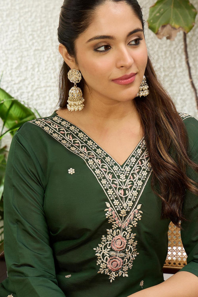 Green Floral Embroidered Silk Blend Long Kurti (ACA7401)