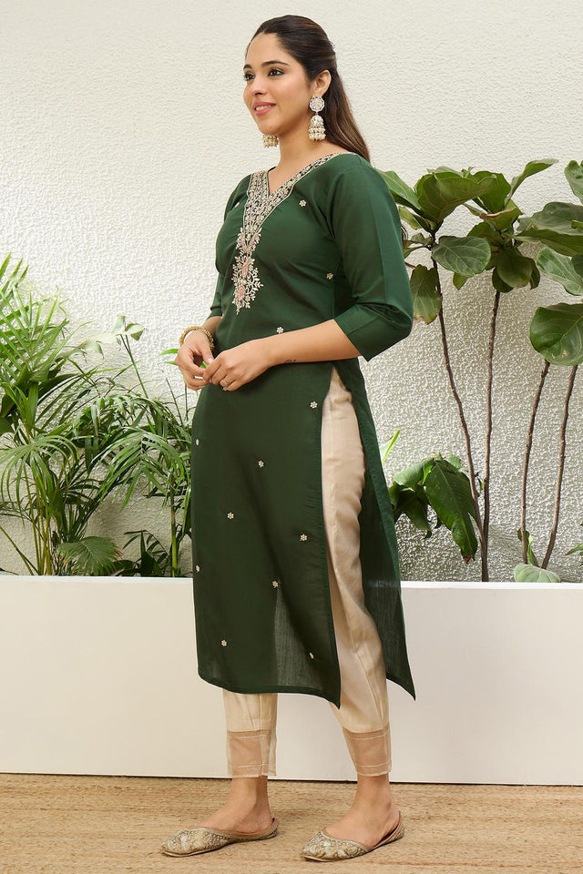 Green Floral Embroidered Silk Blend Long Kurti (ACA7401)