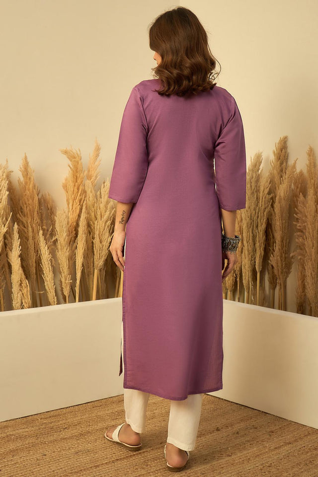 Lavender Floral Embroidered Silk Blend Long Kurti (ACA7402)