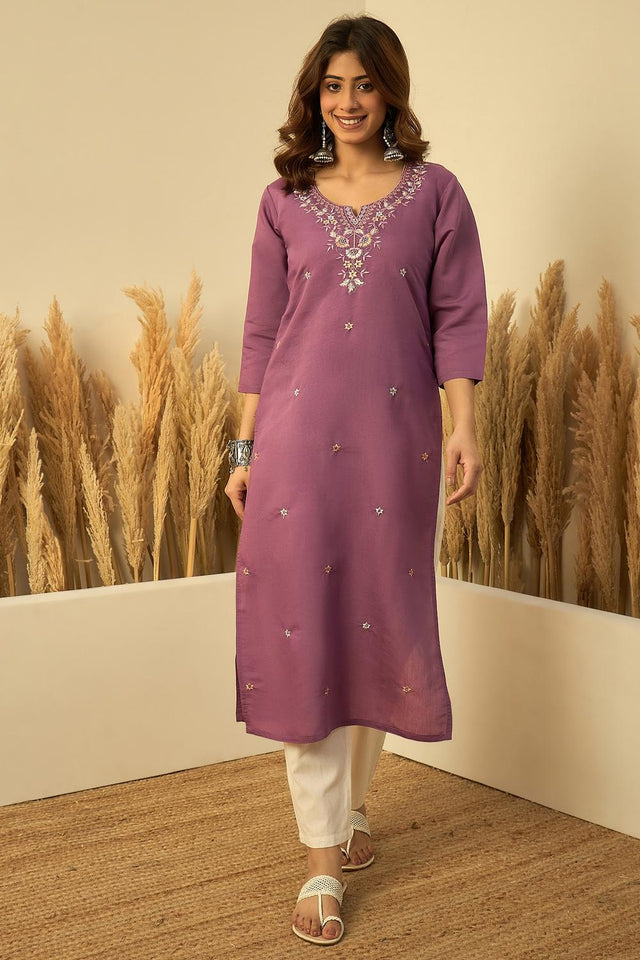 Lavender Floral Embroidered Silk Blend Long Kurti (ACA7402)