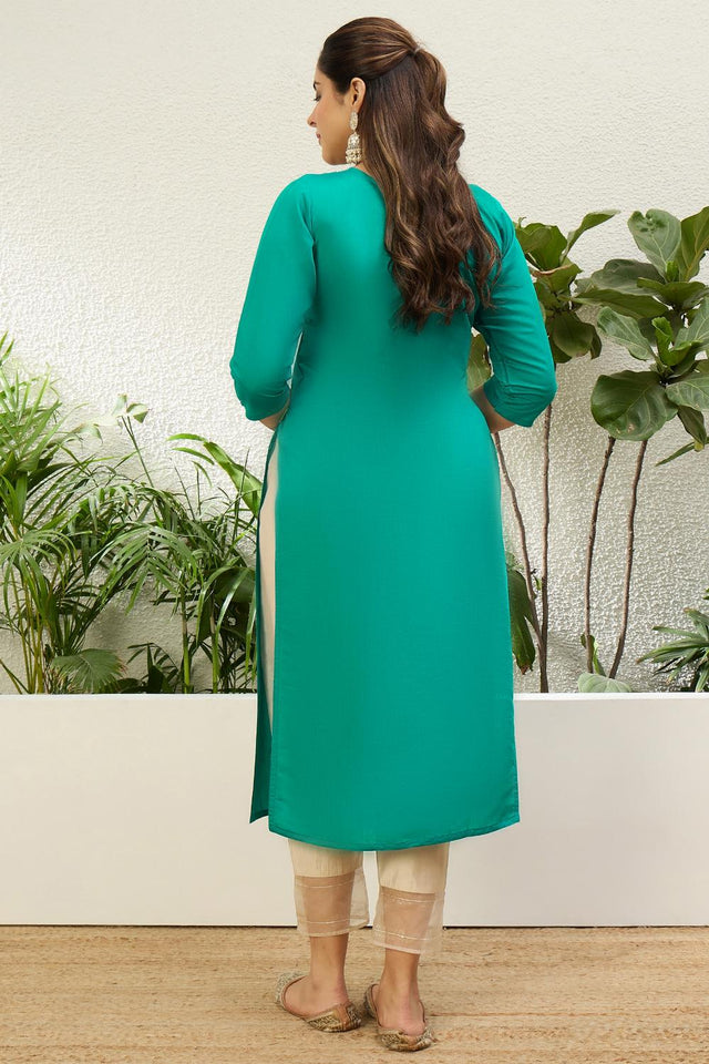 Turquoise Floral Embroidered Silk Blend Long Kurti (ACA7404)