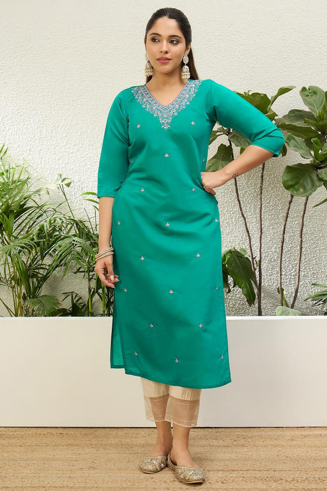 Turquoise Floral Embroidered Silk Blend Long Kurti (ACA7404)