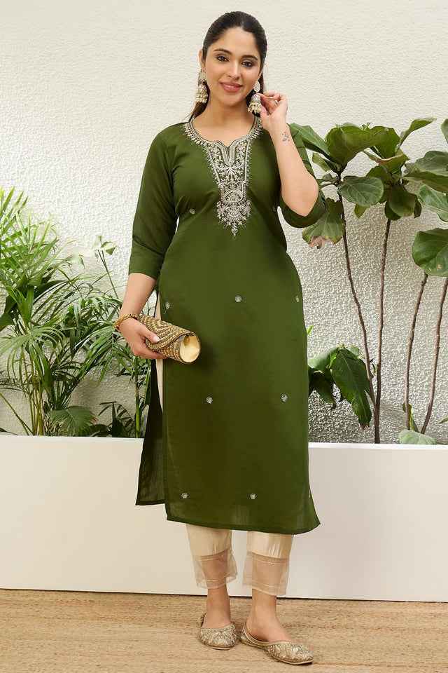 Mehendi Floral Embroidered Silk Blend Long Kurti (ACA7407)