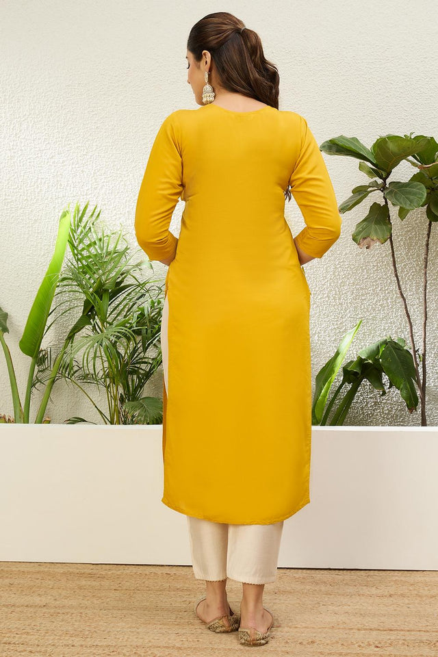 Yellow Floral Embroidered Silk Blend Long Kurti (ACA7408)