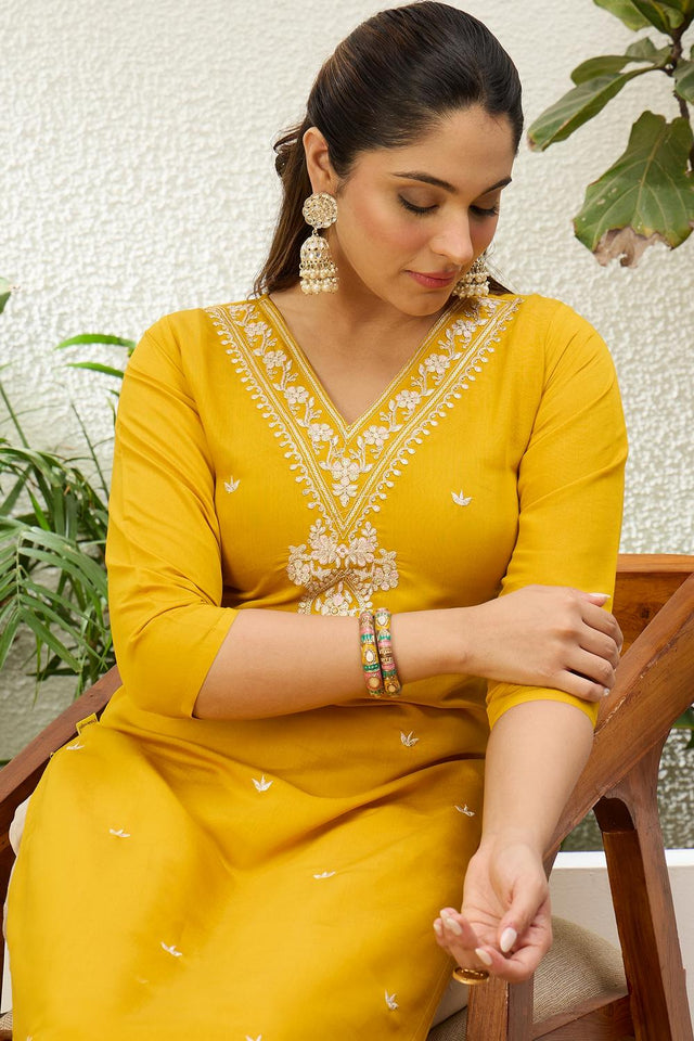 Yellow Floral Embroidered Silk Blend Long Kurti (ACA7408)