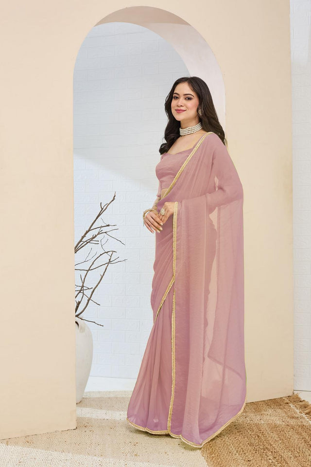 Pink Solid With Lace Border Silk Blend Ready to Wear Saree (ACA7411)
