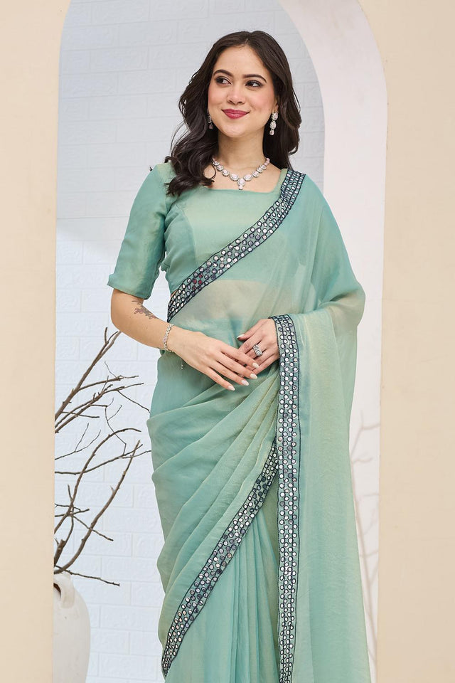 Turquoise Solid With Lace Border Silk Blend Ready to Wear Saree (ACA7412)
