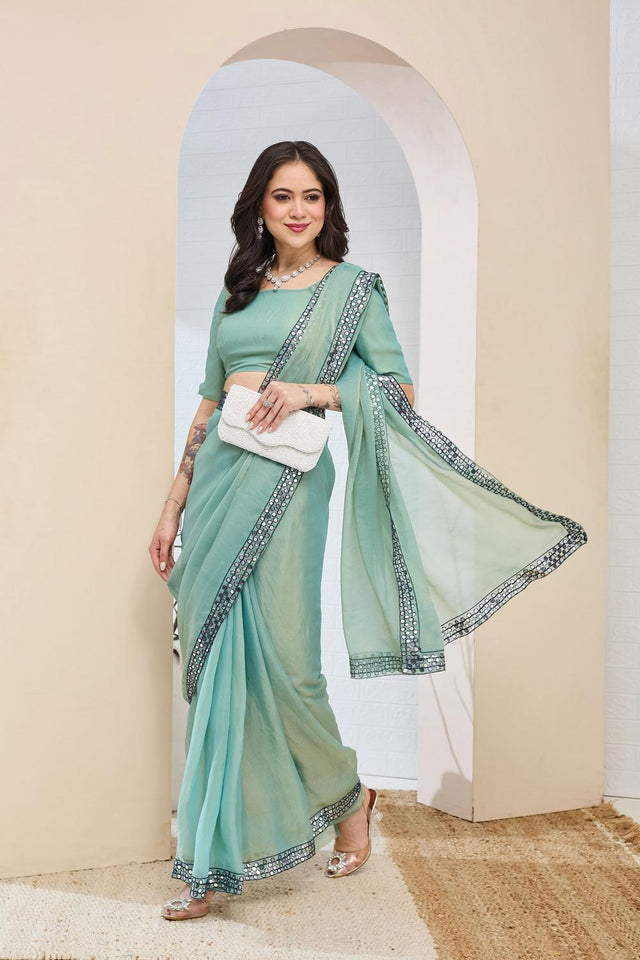 Turquoise Solid With Lace Border Silk Blend Ready to Wear Saree (ACA7412)