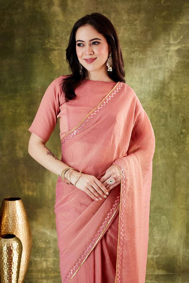 Peach Solid With Lace Border Silk Blend Ready to Wear Saree (ACA7413)