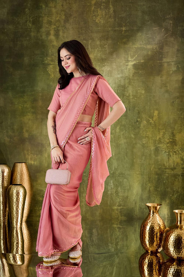 Peach Solid With Lace Border Silk Blend Ready to Wear Saree (ACA7413)