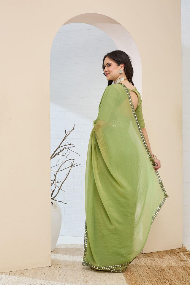 Green Solid With Lace Border Silk Blend Ready to Wear Saree (ACA7414)