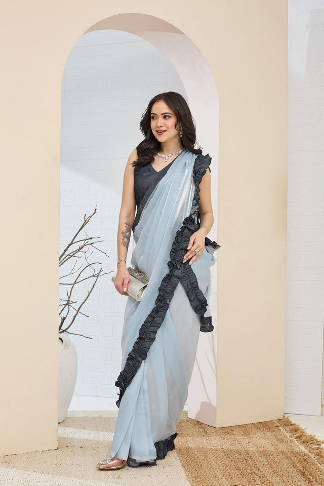 Blue Solid With Lace Border Silk Blend Ready to Wear Saree (ACA7415)