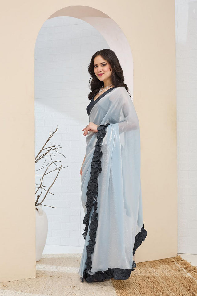 Blue Solid With Lace Border Silk Blend Ready to Wear Saree (ACA7415)