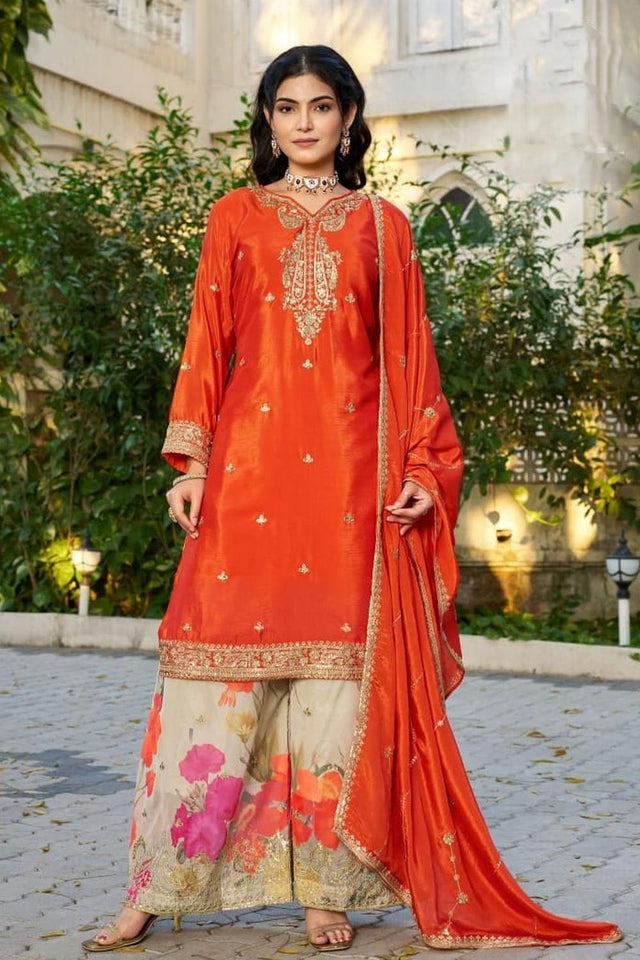 Free Size Stitched Orange Sequin with Embroidered Chinon Palazzo Suit (ACA7417)
