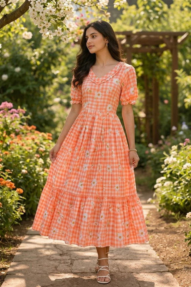 Orange Floral Printed Muslin Dress (ACA7421)