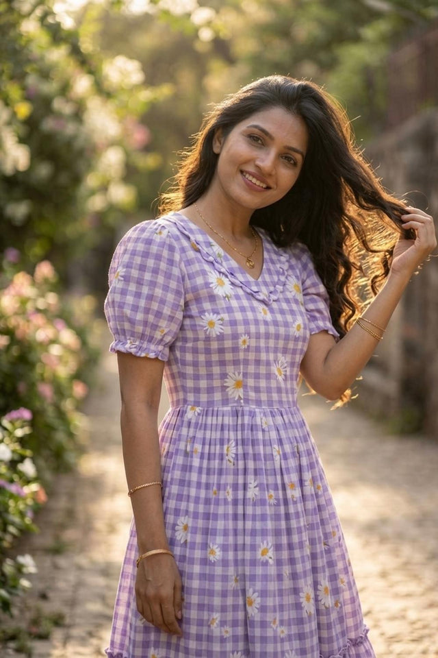 Violet Floral Printed Muslin Dress (ACA7422)