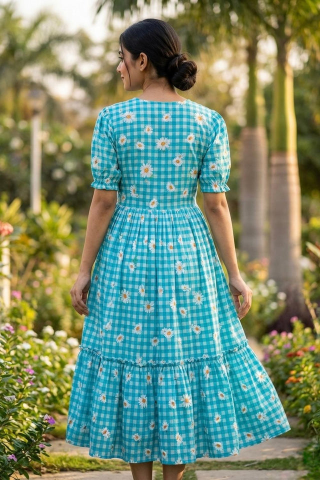 Blue Floral Printed Muslin Dress (ACA7423)