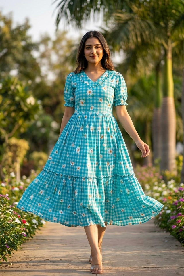 Blue Floral Printed Muslin Dress (ACA7423)