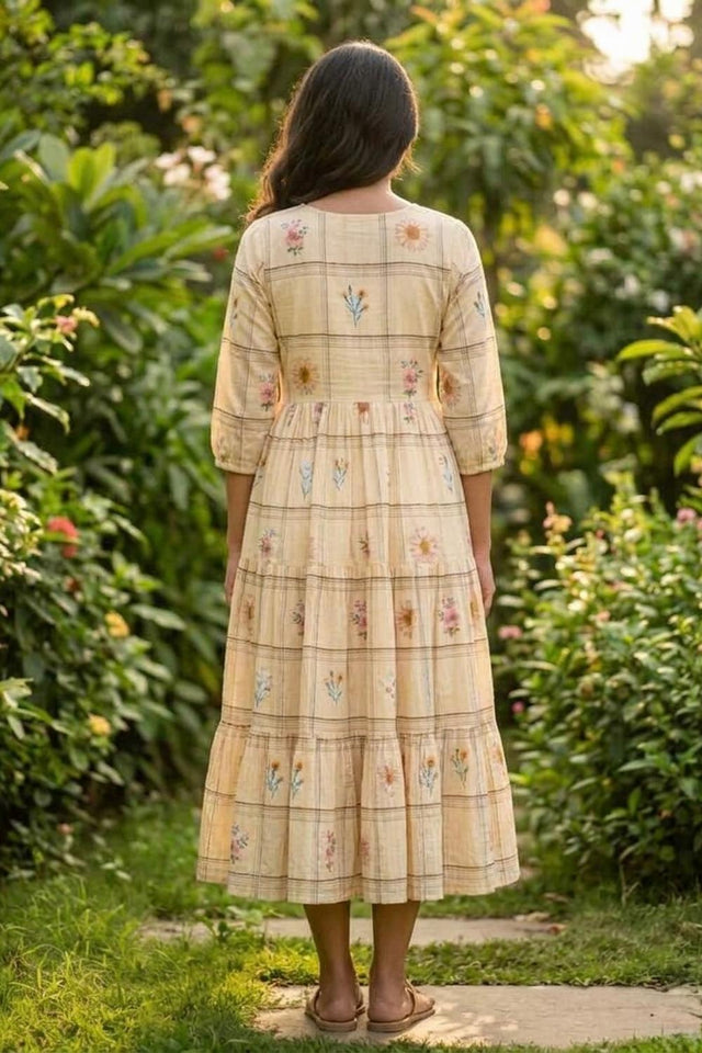 Cream Floral Printed Muslin Dress (ACA7425)