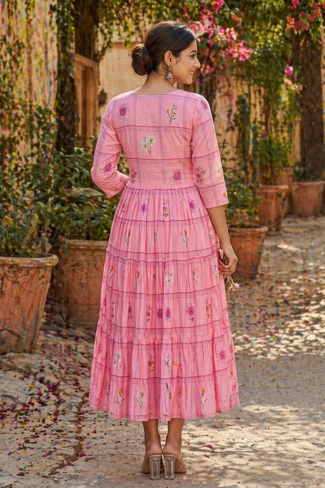 Pink Floral Printed Muslin Dress (ACA7426)