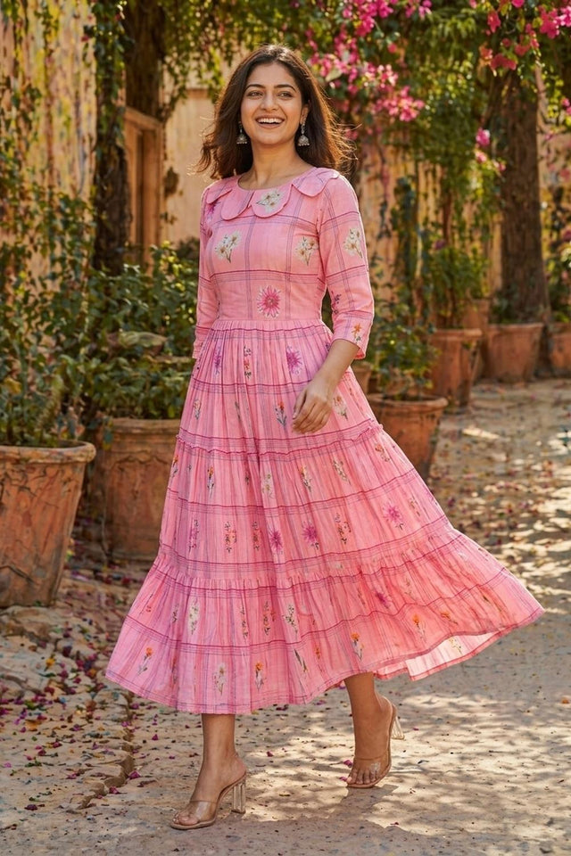 Pink Floral Printed Muslin Dress (ACA7426)