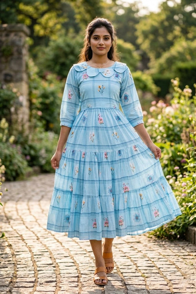 Blue Floral Printed Muslin Dress (ACA7427)