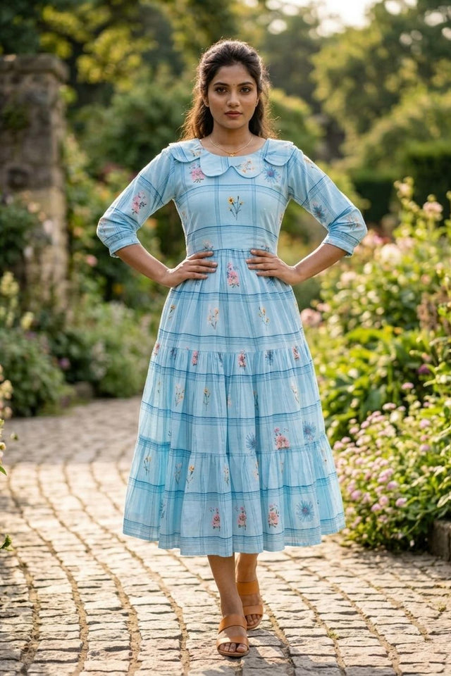 Blue Floral Printed Muslin Dress (ACA7427)