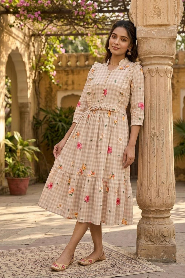 Beige Floral Printed Muslin Dress (ACA7428)