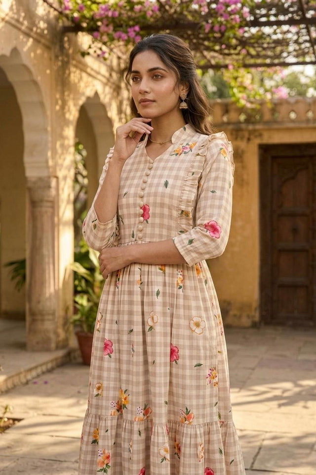 Beige Floral Printed Muslin Dress (ACA7428)