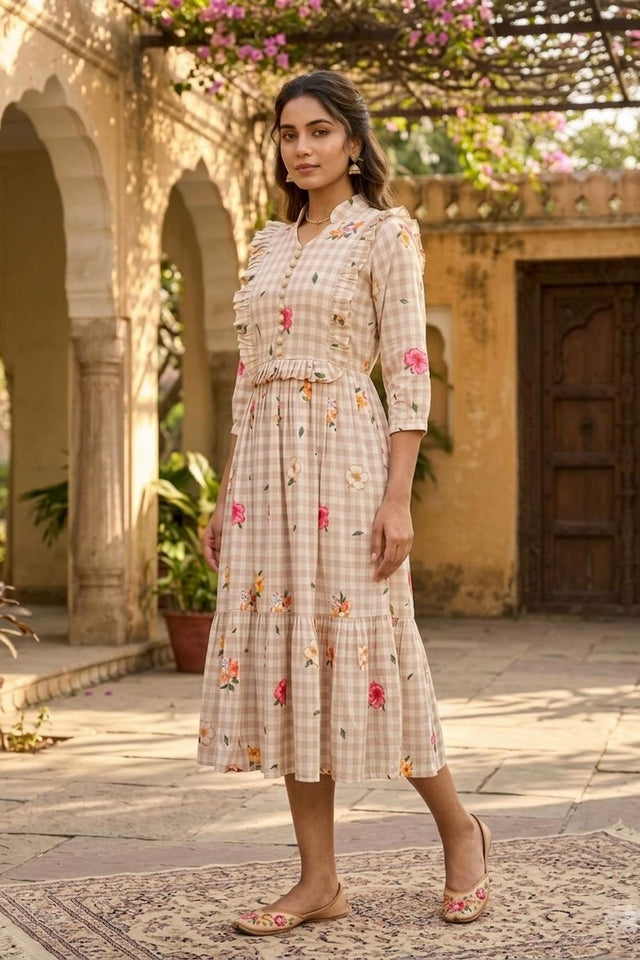 Beige Floral Printed Muslin Dress (ACA7428)