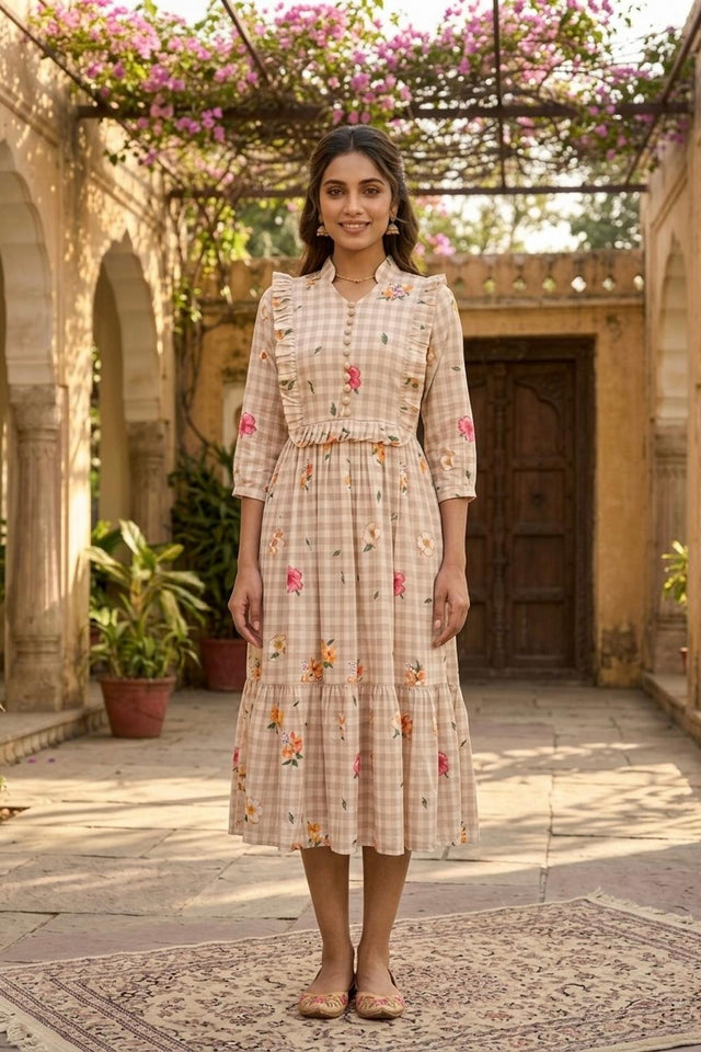 Beige Floral Printed Muslin Dress (ACA7428)