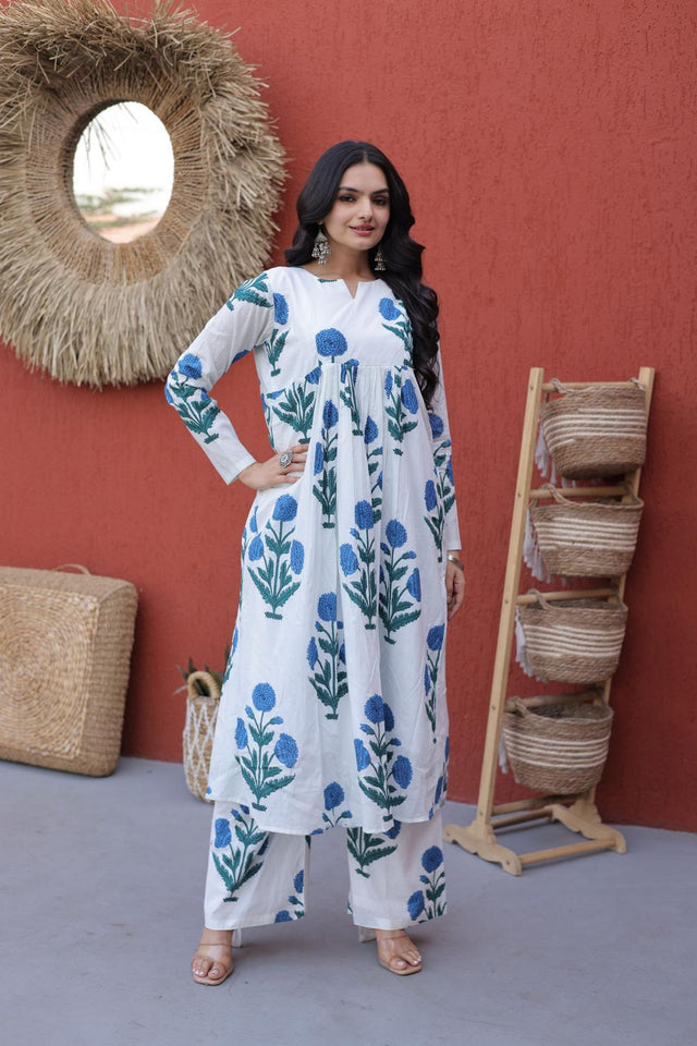Blue Floral Printed Cotton Kurti Pant Set (ACA7432)